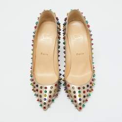 Christian Louboutin Metallic Beige Leather Pigalle Spikes Pointed Toe Pumps Size 39