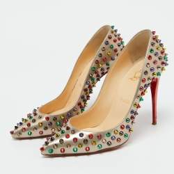 Christian Louboutin Metallic Beige Leather Pigalle Spikes Pointed Toe Pumps Size 39