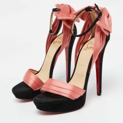 Christian Louboutin Coral/Black Satin and Suede Bow Vampanodo Sandals Size 38.5