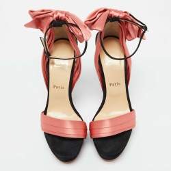 Christian Louboutin Coral/Black Satin and Suede Bow Vampanodo Sandals Size 38.5