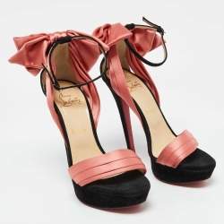 Christian Louboutin Coral/Black Satin and Suede Bow Vampanodo Sandals Size 38.5