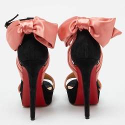 Christian Louboutin Coral/Black Satin and Suede Bow Vampanodo Sandals Size 38.5