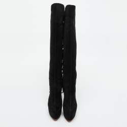 Christian Louboutin Black Suede Interlopa Fringe Detail Knee Length Platform Boots Size 36