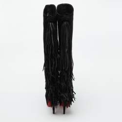 Christian Louboutin Black Suede Interlopa Fringe Detail Knee Length Platform Boots Size 36