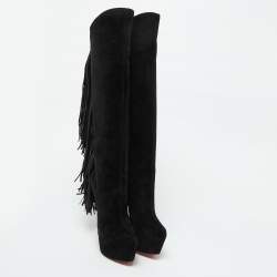 Christian Louboutin Black Suede Interlopa Fringe Detail Knee Length Platform Boots Size 36