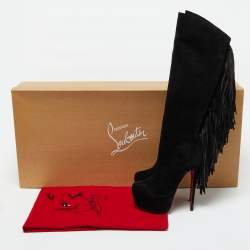 Christian Louboutin Black Suede Interlopa Fringe Detail Knee Length Platform Boots Size 36