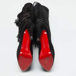 Christian Louboutin Black Suede Interlopa Fringe Detail Knee Length Platform Boots Size 36