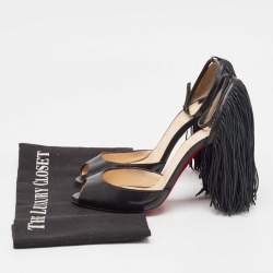 Christian Louboutin Black Leather Otrot Fringe Ankle-Strap Sandals Size 36.5