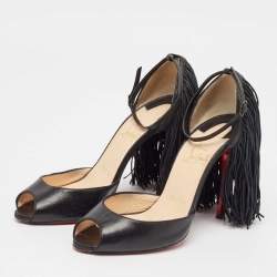Christian Louboutin Black Leather Otrot Fringe Ankle-Strap Sandals Size 36.5