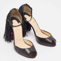 Christian Louboutin Black Leather Otrot Fringe Ankle-Strap Sandals Size 36.5