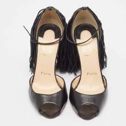 Christian Louboutin Black Leather Otrot Fringe Ankle-Strap Sandals Size 36.5