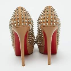Christian Louboutin Beige Leather Bianca Spikes Platform Pumps Size 39.5