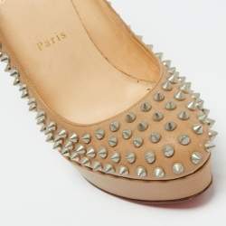 Christian Louboutin Beige Leather Bianca Spikes Platform Pumps Size 39.5