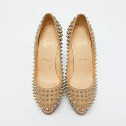 Christian Louboutin Beige Leather Bianca Spikes Platform Pumps Size 39.5