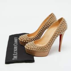 Christian Louboutin Beige Leather Bianca Spikes Platform Pumps Size 39.5