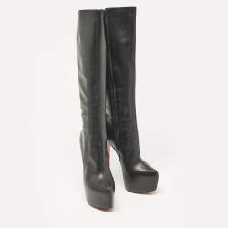 Pre Owned Christian Louboutin Black Leather Knee Length Boots Size 38.5