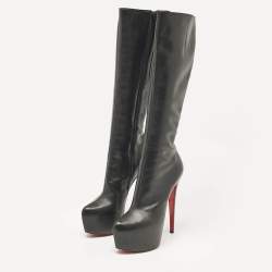 Pre Owned Christian Louboutin Black Leather Knee Length Boots Size 38.5