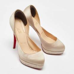 Christian Louboutin Beige Satin Crystal Embellished Platform Pumps Size 37