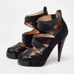 Pre Owned Christian Louboutin Black Leather and Suede Criss Cross Platform Pumps Size 39