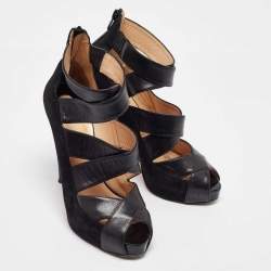 Pre Owned Christian Louboutin Black Leather and Suede Criss Cross Platform Pumps Size 39
