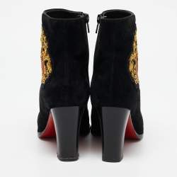 Christian Louboutin Black Suede Embroidered Patch Collegissima Ankle Boots Size 36.5