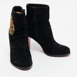 Christian Louboutin Black Suede Embroidered Patch Collegissima Ankle Boots Size 36.5