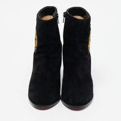 Christian Louboutin Black Suede Embroidered Patch Collegissima Ankle Boots Size 36.5