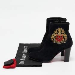 Christian Louboutin Black Suede Embroidered Patch Collegissima Ankle Boots Size 36.5