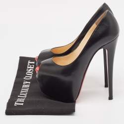 مملوكة مسبقًا حذاء كعب عالي كريستيان لوبوتان ه اينيس مقدمة مفتوحة نعل سميك جلد أسود مقاس 37.5