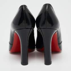 Pre Owned Christian Louboutin Black Patent Leather Buckle Detail Peep Toe Pumps Size 37.5