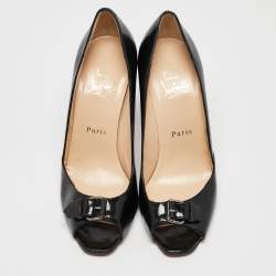 Pre Owned Christian Louboutin Black Patent Leather Buckle Detail Peep Toe Pumps Size 37.5