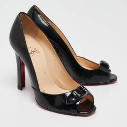 Pre Owned Christian Louboutin Black Patent Leather Buckle Detail Peep Toe Pumps Size 37.5