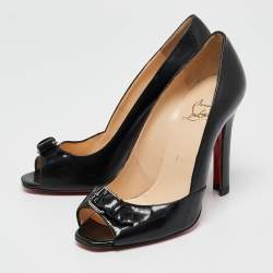 Pre Owned Christian Louboutin Black Patent Leather Buckle Detail Peep Toe Pumps Size 37.5