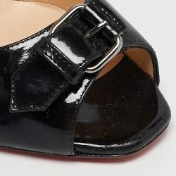 Pre Owned Christian Louboutin Black Patent Leather Buckle Detail Peep Toe Pumps Size 37.5