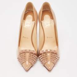 Pre Owned Christian Louboutin Beige Patent Leather Pyrami Pumps Size 37.5