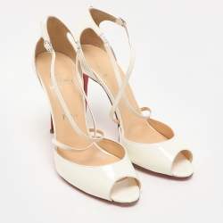 Pre Owned Christian Louboutin White Patent Leather Cross Blake Ankle Strap Sandals Size 38.5