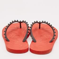 Christian Louboutin Black/Red Rubber Loubi Flip Thong Flat Slides Size 41