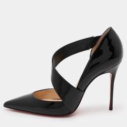 Pre Owned Christian Louboutin Black Patent Leather Opgrade Cross Strap Pumps Size 38