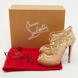Christian Louboutin Beige/Gold Mesh and Leather Slingback Platform Sandals Size 36.5