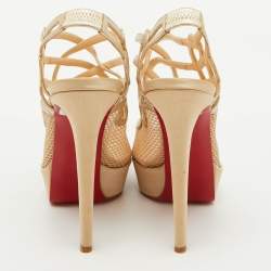 Christian Louboutin Beige/Gold Mesh and Leather Slingback Platform Sandals Size 36.5