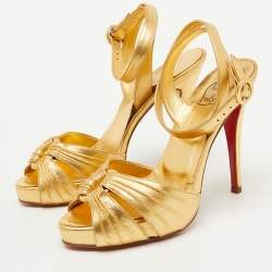 Pre Owned Christian Louboutin Gold Leather Platform Ankle Strap Sandals Size 37