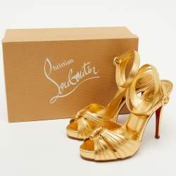 Pre Owned Christian Louboutin Gold Leather Platform Ankle Strap Sandals Size 37