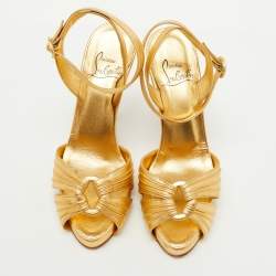 Pre Owned Christian Louboutin Gold Leather Platform Ankle Strap Sandals Size 37