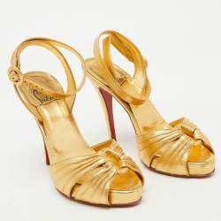 Pre Owned Christian Louboutin Gold Leather Platform Ankle Strap Sandals Size 37