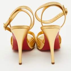 Pre Owned Christian Louboutin Gold Leather Platform Ankle Strap Sandals Size 37