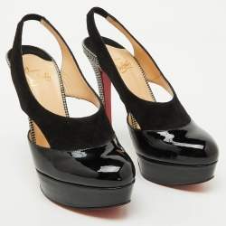 Christian Louboutin Black Patent Leather and Suede Platform Slingback Sandals Size 36.5