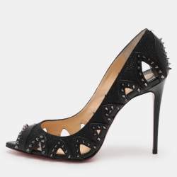 Christian Louboutin Black Leather and Lurex Fabric Spiked Circus City Pumps Size 37