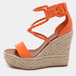 Pre Owned Christian Louboutin Orange Patent Leather Chocazeppa Wedge Sandals Size 37