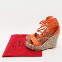 Pre Owned Christian Louboutin Orange Patent Leather Chocazeppa Wedge Sandals Size 37