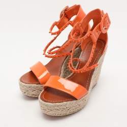Pre Owned Christian Louboutin Orange Patent Leather Chocazeppa Wedge Sandals Size 37